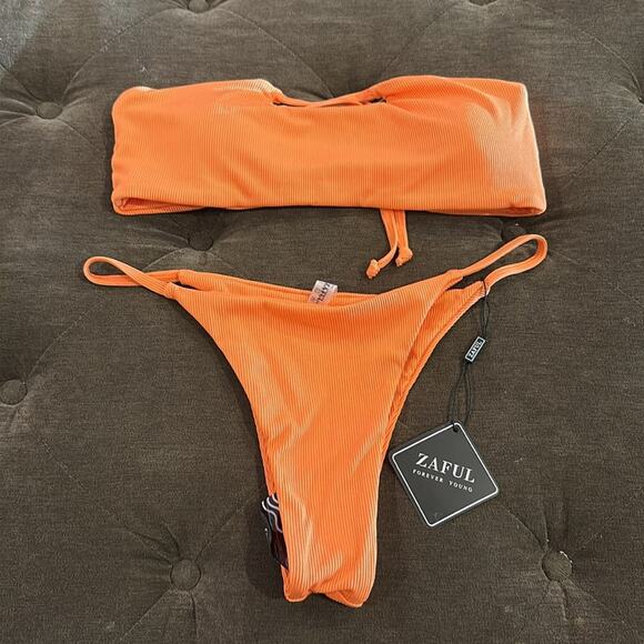 ZAFUL Ribbed Lace Up Bandeau String Bikini Swimsuit - Orange L NWT - Picture 5 of 8